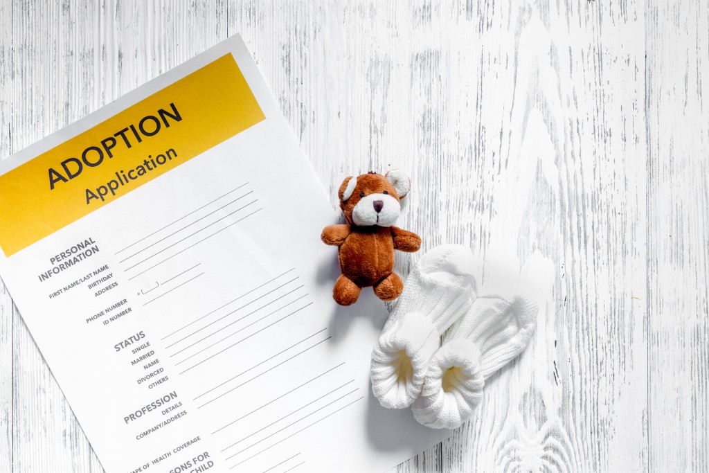 Adoption application near toy on light wooden table background top view copyspace