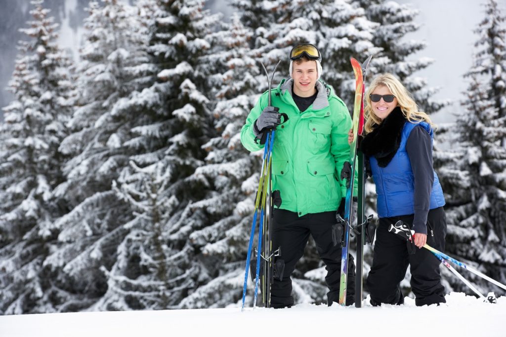 Couple skiing