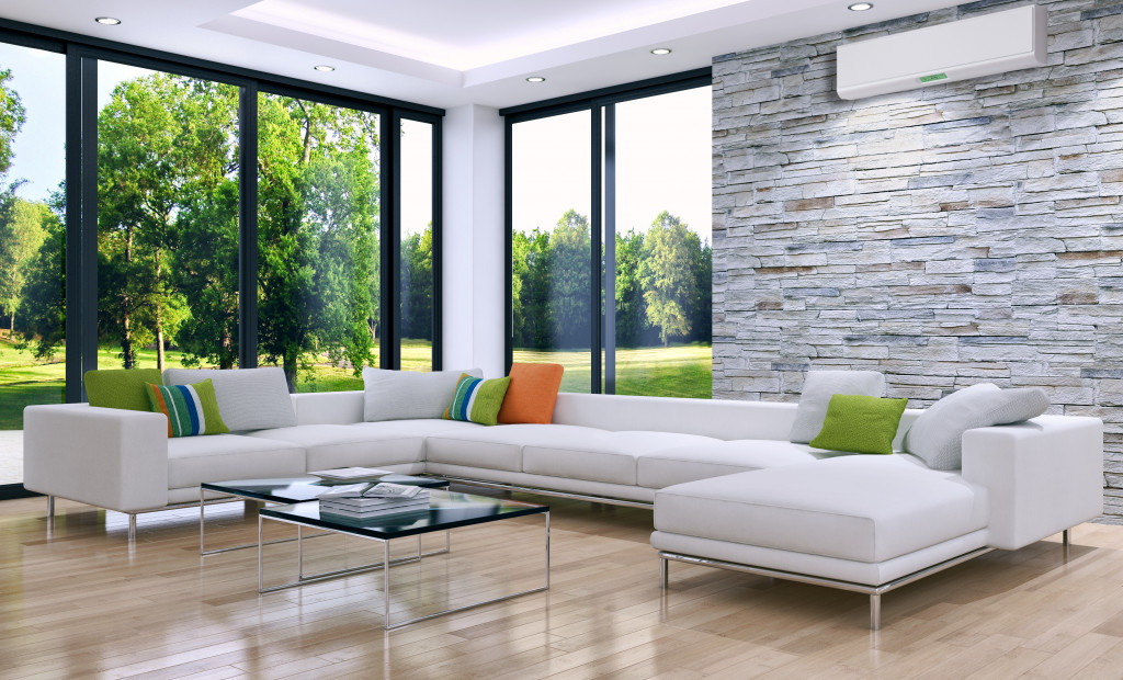 Modern bright room with air conditioning, 3D rendering illustration