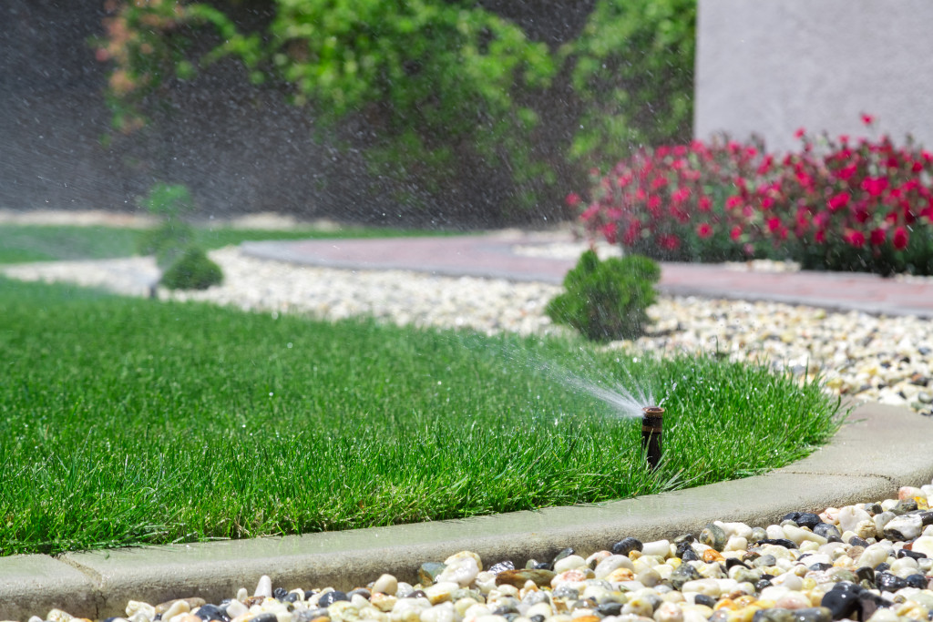 Backyard with sprinklers for grass